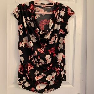 Worthington Women’s Black Floral Cowl-Neck Blouse with Pink Accents. Size XL $10